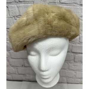 Vtg Faux Fur Hat Button Top Tan Cream Beret Kamyhat Classic